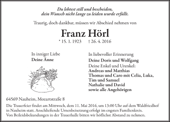 Traueranzeige von Franz Hörl von Trauerportal Echo Online