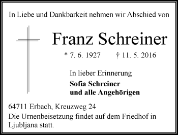 Traueranzeige von Franz Schreiner von Trauerportal Echo Online