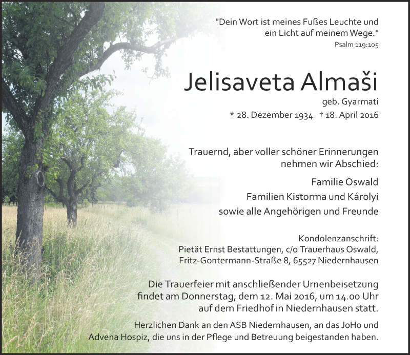  Traueranzeige für Jelisaveta Almaši vom 07.05.2016 aus  Wiesbaden komplett