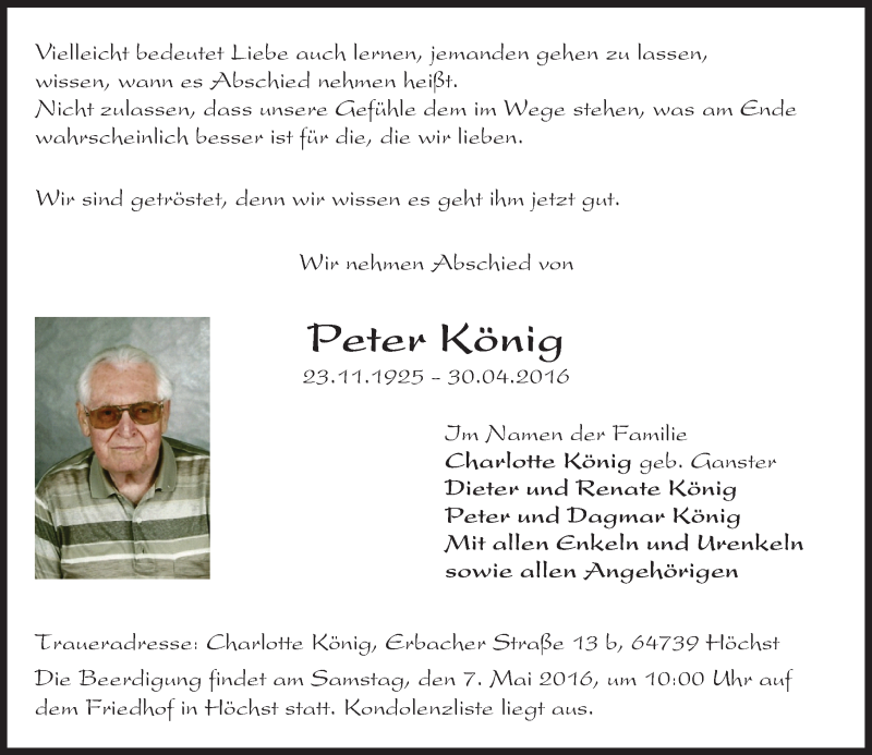  Traueranzeige für Peter König vom 04.05.2016 aus Trauerportal Echo Online