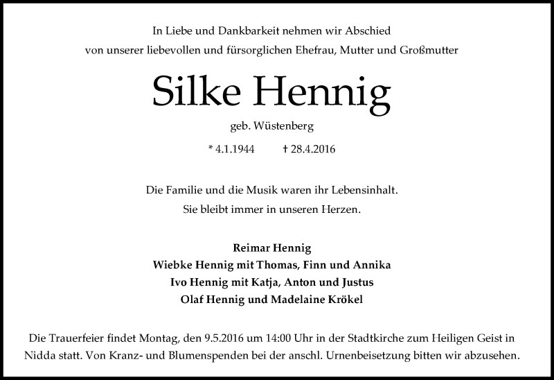  Traueranzeige für Silke Hennig vom 03.05.2016 aus  Kreisanzeiger