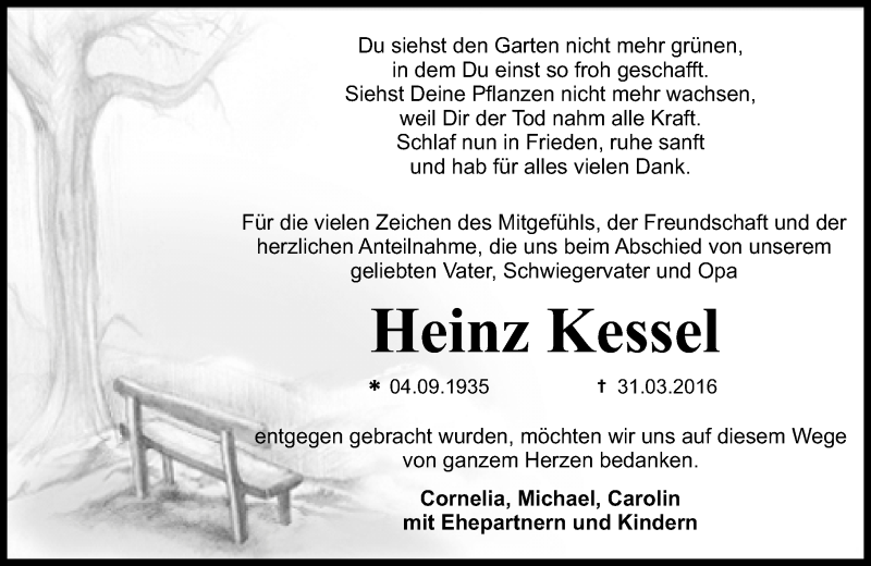  Traueranzeige für Heinz Kessel vom 07.05.2016 aus  Allgemeine Zeitung Mainz
