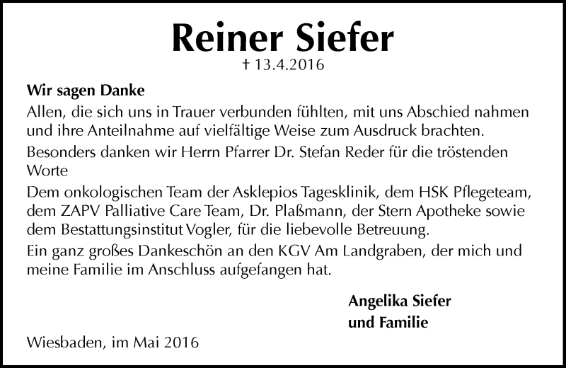  Traueranzeige für Reiner Siefer vom 07.05.2016 aus  Wiesbaden komplett