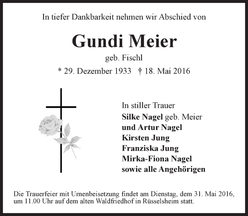  Traueranzeige für Gundi Meier vom 28.05.2016 aus  Mainspitze