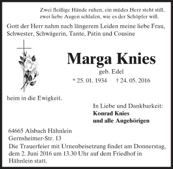 Traueranzeige von Marga Knies von Trauerportal Echo Online