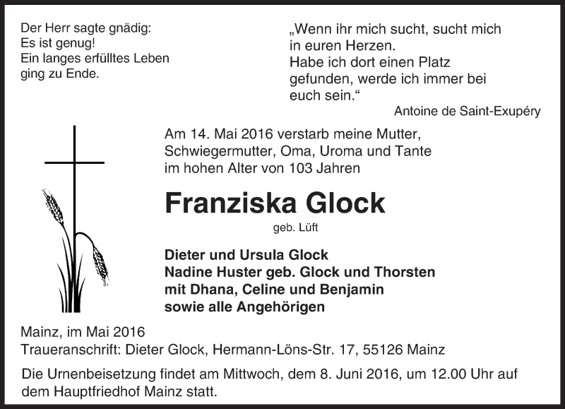  Traueranzeige für Franziska Glock vom 21.05.2016 aus  Allgemeine Zeitung Mainz