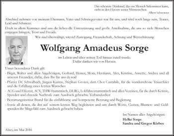 Traueranzeige von Wolfgang Amadeus Sorge von  Allgemeine Zeitung Alzey