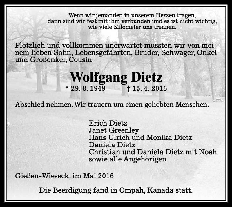  Traueranzeige für Wolfgang Dietz vom 28.05.2016 aus  Gießener Anzeiger