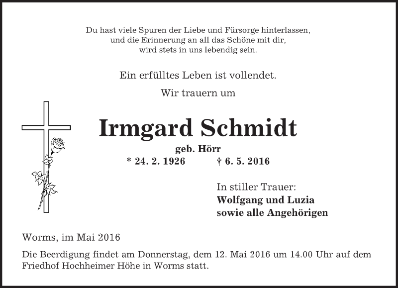  Traueranzeige für Irmgard Schmidt vom 11.05.2016 aus  Wormser Zeitung