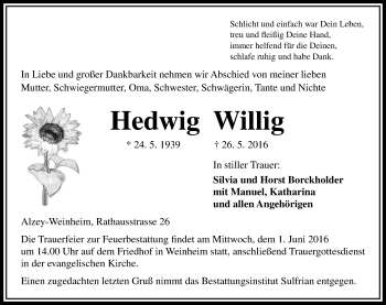 Traueranzeige von Hedwig Willig von  Allgemeine Zeitung Alzey