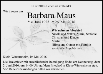 Traueranzeige von Barbara Maus von  Allgemeine Zeitung Mainz