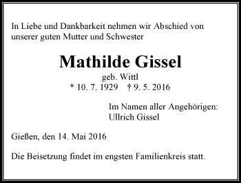 Traueranzeige von Mathilde Gissel von  Gießener Anzeiger