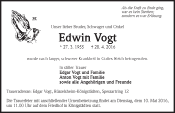 Traueranzeige von Edwin Vogt von  Mainspitze
