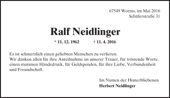 Traueranzeige von Ralf Neidlinger von  Wormser Zeitung