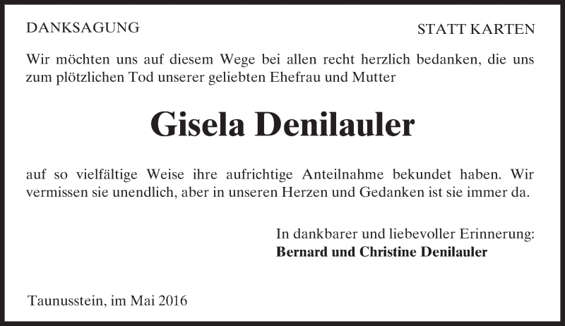  Traueranzeige für Gisela Denilauler vom 21.05.2016 aus  Wiesbaden komplett