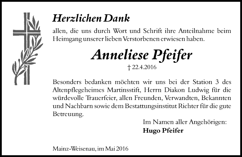  Traueranzeige für Anneliese Pfeifer vom 21.05.2016 aus  Allgemeine Zeitung Mainz