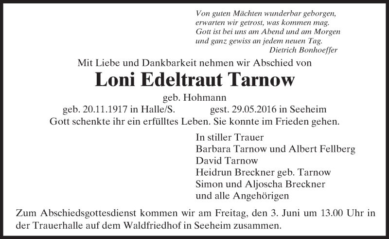 Traueranzeige für Loni Edeltraut Tarnow vom 31.05.2016 aus Trauerportal Echo Online