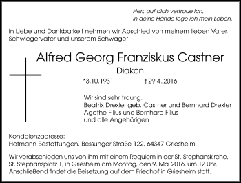 Traueranzeige von Alfred Georg Franziskus Castner von Trauerportal Echo Online