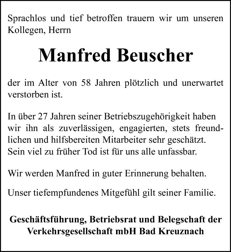  Traueranzeige für Manfred Beuscher vom 21.05.2016 aus  Allg. Zeitung Bad Kreuznach