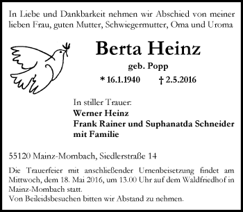 Traueranzeige von Berta Heinz von  Allgemeine Zeitung Mainz