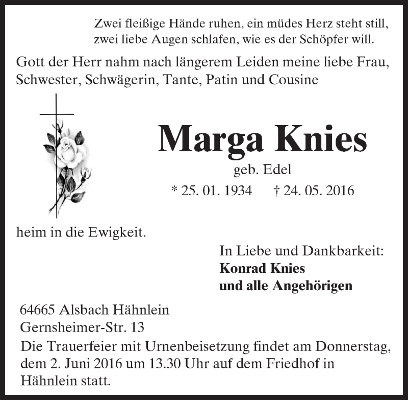  Traueranzeige für Marga Knies vom 28.05.2016 aus Trauerportal Echo Online