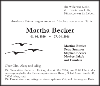 Traueranzeige von Martha Becker von  Allgemeine Zeitung Alzey