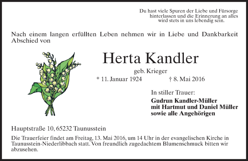  Traueranzeige für Herta Kandler vom 11.05.2016 aus  Wiesbaden komplett