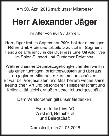Traueranzeige von Alexander Jäger von Trauerportal Echo Online
