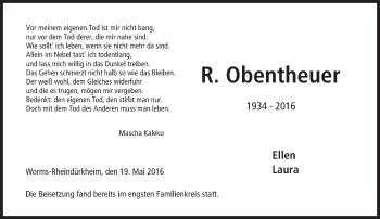Traueranzeige von R. Obentheuer von  Wormser Zeitung