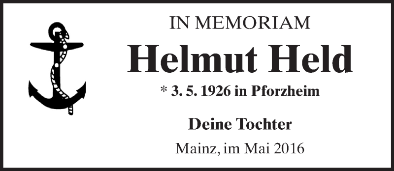  Traueranzeige für Helmut Held vom 03.05.2016 aus  Allgemeine Zeitung Mainz