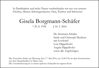 Traueranzeige von Gisela Borgmann-Schäfer von  Allgemeine Zeitung Mainz