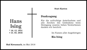 Traueranzeige von Hans Ising von  Allg. Zeitung Bad Kreuznach