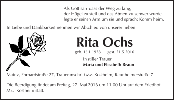 Traueranzeige von Rita Ochs von  Allgemeine Zeitung Mainz