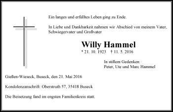 Traueranzeige von Willy Hammel von  Gießener Anzeiger