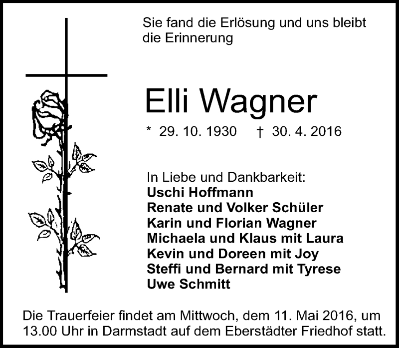  Traueranzeige für Elli Wagner vom 07.05.2016 aus Trauerportal Echo Online