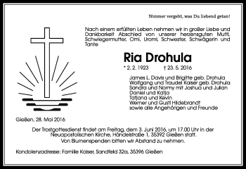 Traueranzeige von Ria Drohula von  Gießener Anzeiger