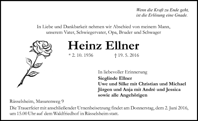  Traueranzeige für Heinz Ellner vom 28.05.2016 aus  Mainspitze