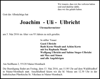 Traueranzeige von Joachim Ulbricht von  Allgemeine Zeitung Mainz