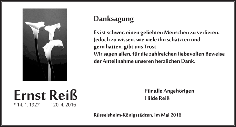  Traueranzeige für Ernst Reiß vom 07.05.2016 aus  Mainspitze