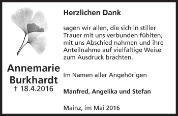Traueranzeige von Annemarie Burkhardt von  Allgemeine Zeitung Mainz
