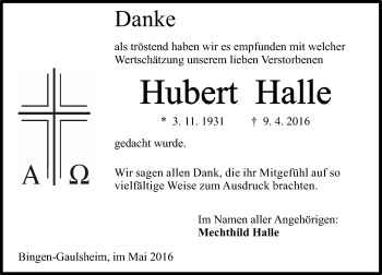 Traueranzeige von Hubert Halle von  Allgemeine  Zeitung Ingelheim-Bingen