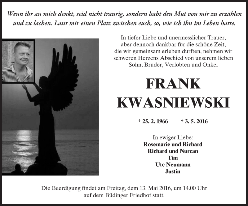  Traueranzeige für Frank Kwasniewski vom 10.05.2016 aus  Kreisanzeiger