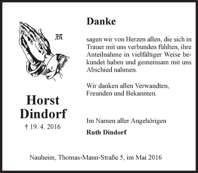  Traueranzeige für Horst Dindorf vom 14.05.2016 aus  Mainspitze