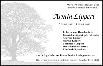 Traueranzeige von Armin Lippert von  Allgemeine  Zeitung Ingelheim-Bingen