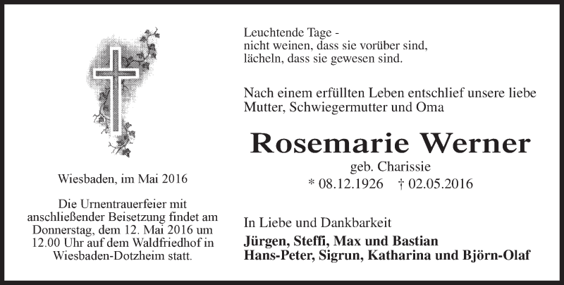  Traueranzeige für Rosemarie Werner vom 07.05.2016 aus  Wiesbaden komplett