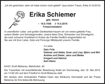 Traueranzeige von Erika Schiemer von Trauerportal Echo Online