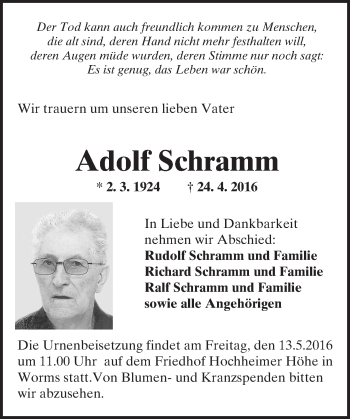 Traueranzeige von Adolf Schramm von  Wormser Zeitung