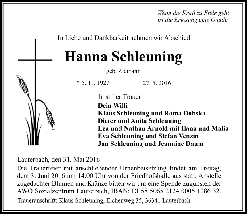  Traueranzeige für Hanna Schleuning vom 31.05.2016 aus VRM Trauer