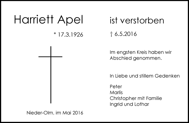  Traueranzeige für Harriett Apel vom 14.05.2016 aus  Allgemeine Zeitung Mainz