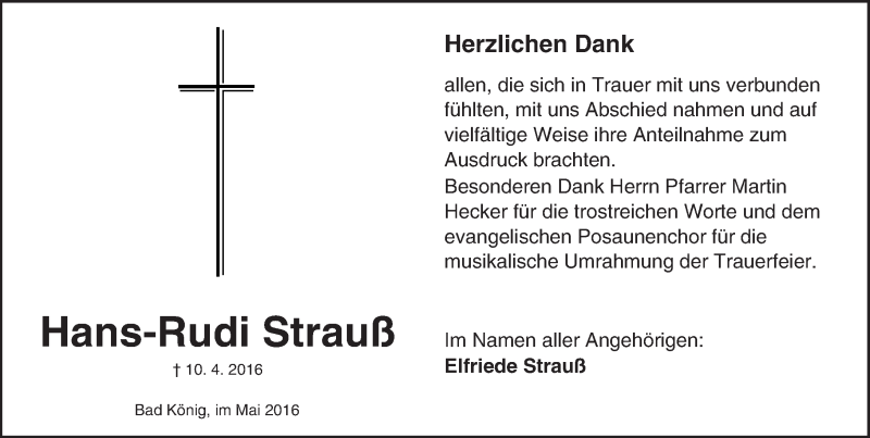  Traueranzeige für Hans-Rudi Strauß vom 06.05.2016 aus Trauerportal Echo Online